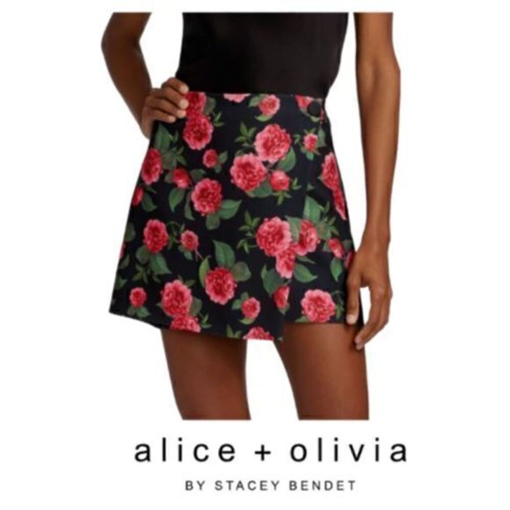 ALICE + OLIVIA Renna Floral Print Crepe Mini Wrap Skirt‎ Cheri Floral Size 6 NWT